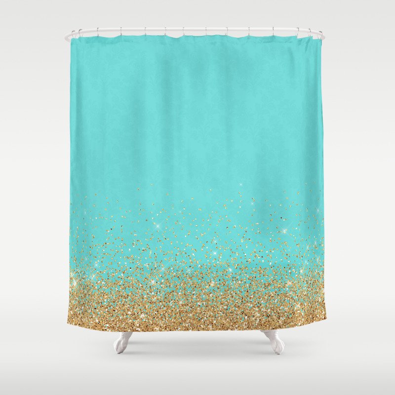Sparkling Gold Glitter Confetti On Aqua Teal Damask Background