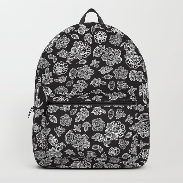 Lace flowers and leaves white on black  Backpack