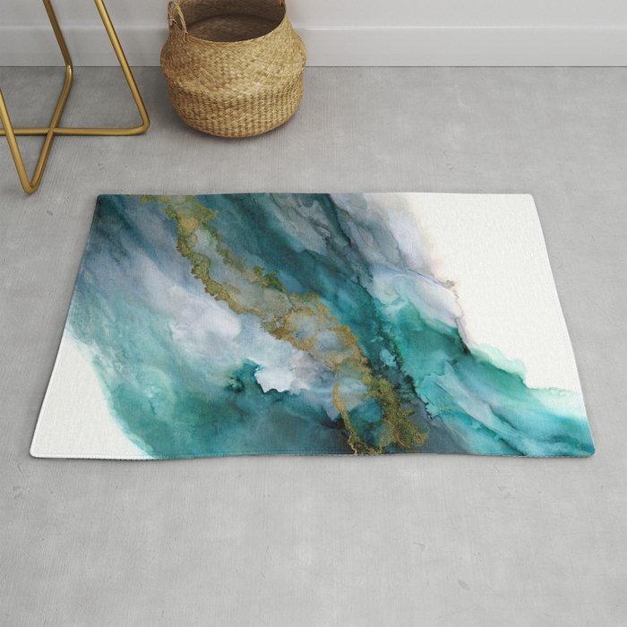 Wild Rush - abstract ocean theme in teal gray gold, marble pattern Rug