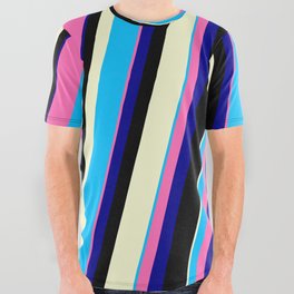 [ Thumbnail: Vibrant Deep Sky Blue, Hot Pink, Dark Blue, Black, and Light Yellow Colored Lines/Stripes Pattern All Over Graphic Tee ]