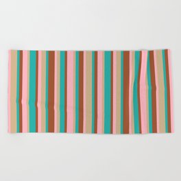 [ Thumbnail: Sienna, Light Sea Green, Tan & Light Pink Colored Stripes Pattern Beach Towel ]