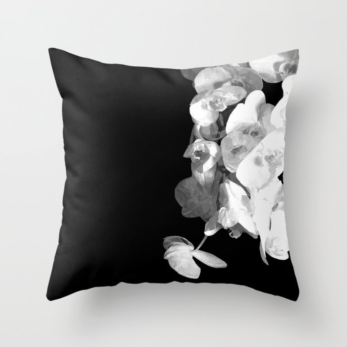 White Orchids Black Background Throw Pillow