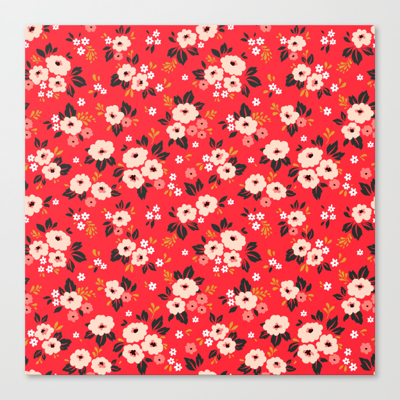 05 Ditsy Floral Pattern Red Background White And Pink Flowers Leinwanddruck Von Ann Pen Society6