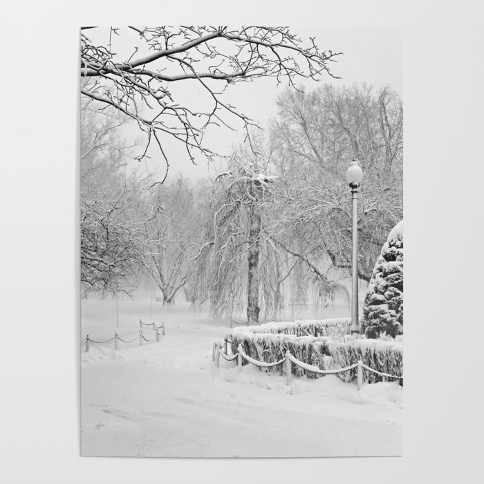 Snowstorm in the Boston Public Garden. Boston Massachusetts Black and White Poster