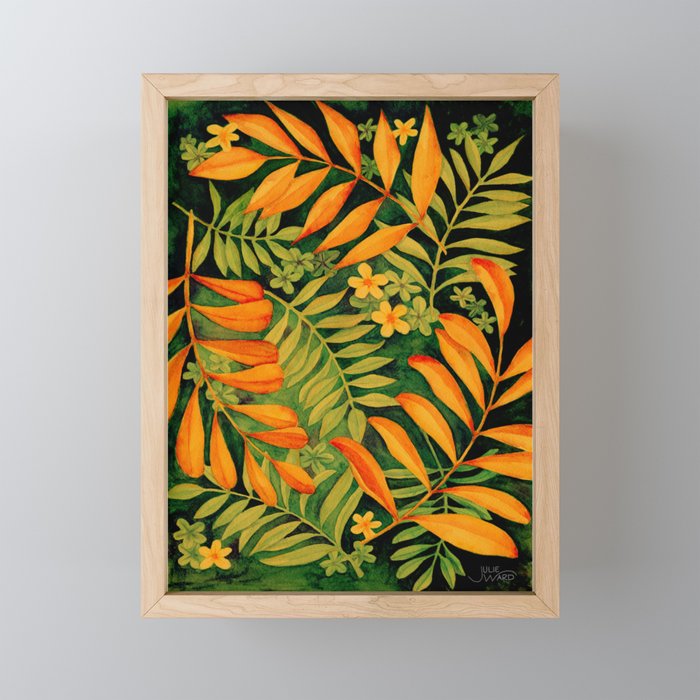 Watercolor Leaves & Flowers - Orange & Green Framed Mini Art Print