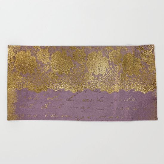 Romantic Bridal lace - Gold floral elegant lace on old purple paper Beach Towel