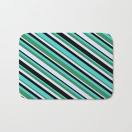 [ Thumbnail: Turquoise, Sea Green, Lavender & Black Colored Stripes Pattern Bath Mat ]