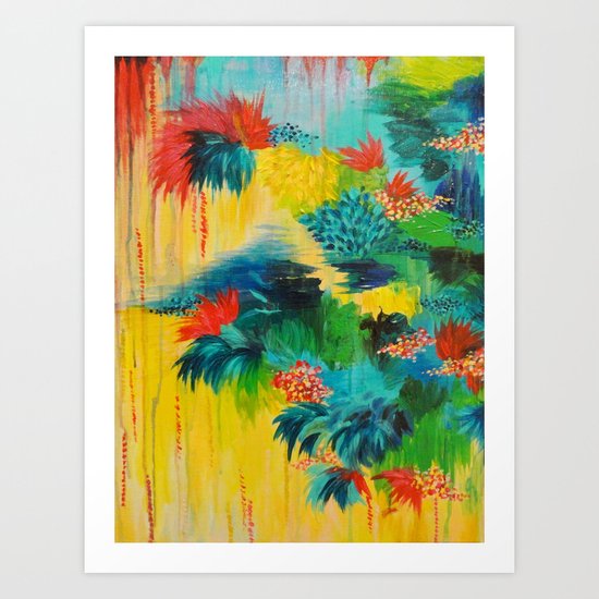 PARADISE WAITS - Beautiful Colorful Tropical Abstract Acrylic Painting Crimson Kelly Green Lagoon Art Print