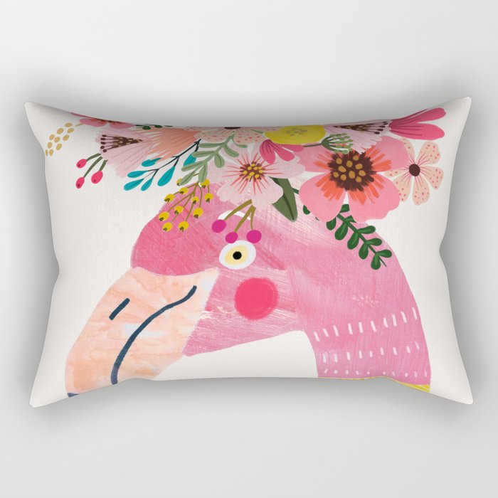 Pink flamingo with flowers on head Rectangular Pillow