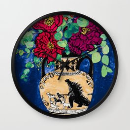 Bright Peony Rose Bouquet in Grecian Urn with Godzilla Walking French Bulldogs Painting Wall Clock