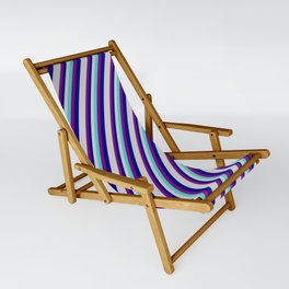 [ Thumbnail: Turquoise, Purple, Blue, and Light Grey Colored Striped/Lined Pattern Sling Chair ]