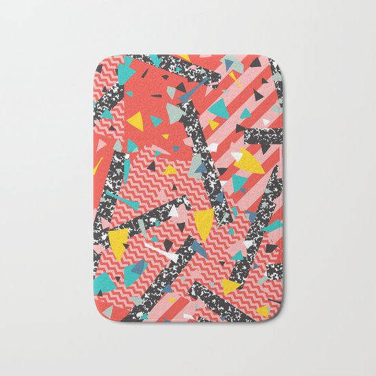 Modern Memphis Milan Inspired Primary Color Geometric Stripe Design Red Confetti 80s Party Bath Mat