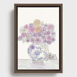 Flower Arrangement in Blue Ginger Jar with Sweet Cat Framed Canvas