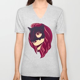 Redhead Girl with a Cat Skull Mask - Halloween V Neck T Shirt