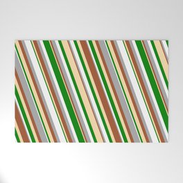 [ Thumbnail: Vibrant Dark Grey, Sienna, Tan, Green & White Colored Lined Pattern Welcome Mat ]