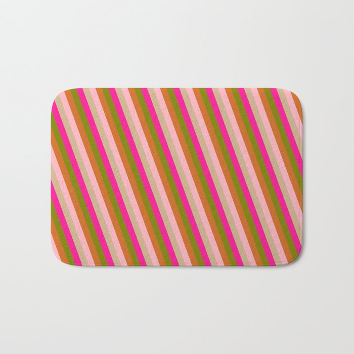 Green, Chocolate, Light Pink, Tan, and Deep Pink Colored Lines/Stripes Pattern Bath Mat