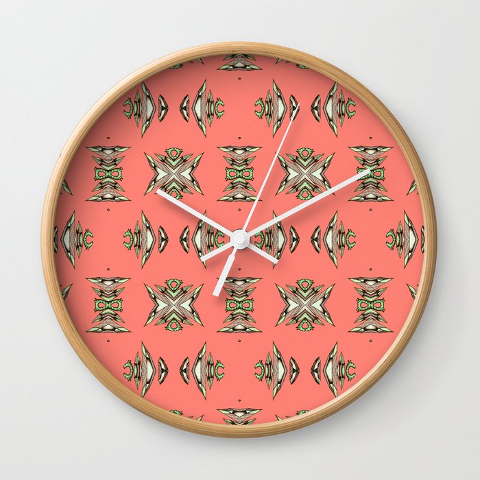Hand Illustrated Aztec NeoTribal Elegant Coral Print Wall Clock
