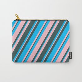 [ Thumbnail: Deep Sky Blue, Pink & Dark Slate Gray Colored Stripes Pattern Carry-All Pouch ]