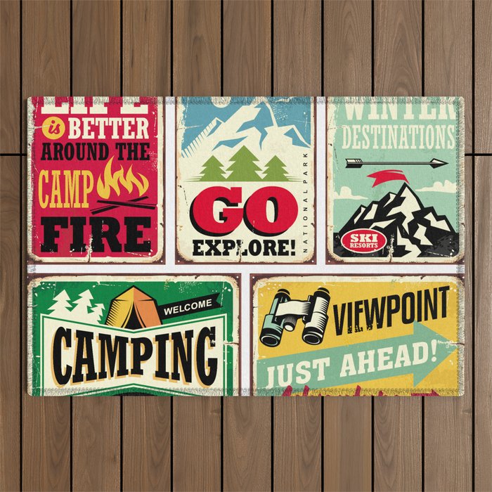 Hiking and camping retro signs collection. Outdoor activities vintage posters set. Wilderness and adventures illustration.  Outdoor Rug
