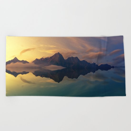 Fantasy mountain reflection Beach Towel