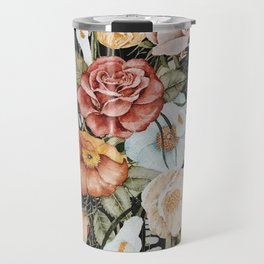 Roses and Poppies Bouquet on Charcoal Black Travel Mug