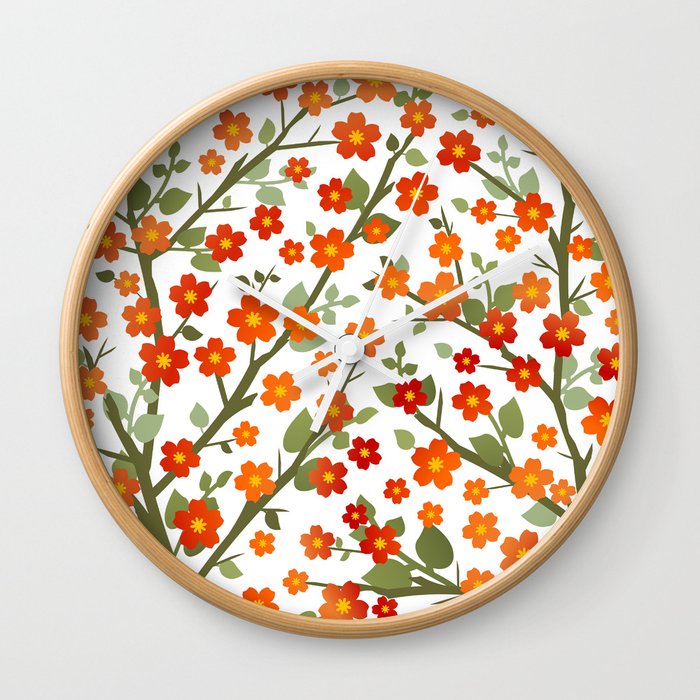 Lovely Blossoms - red orange on white Wall Clock