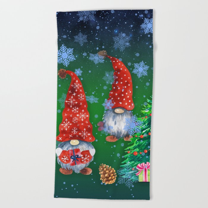 Cheerful holiday illustration with gnomes Beach Towel