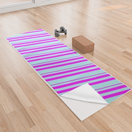 [ Thumbnail: Fuchsia & Turquoise Colored Striped/Lined Pattern Yoga Towel ]