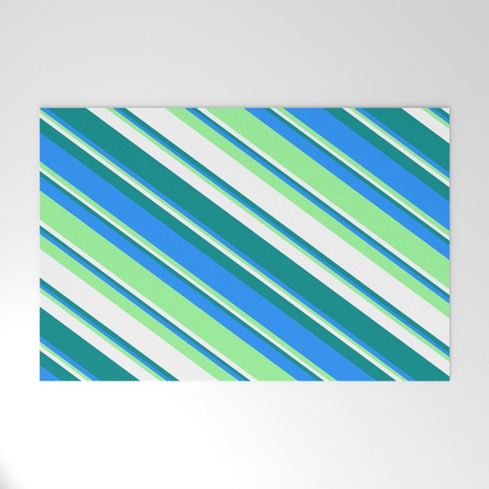 Dark Cyan, Blue, Green & White Colored Striped Pattern Welcome Mat