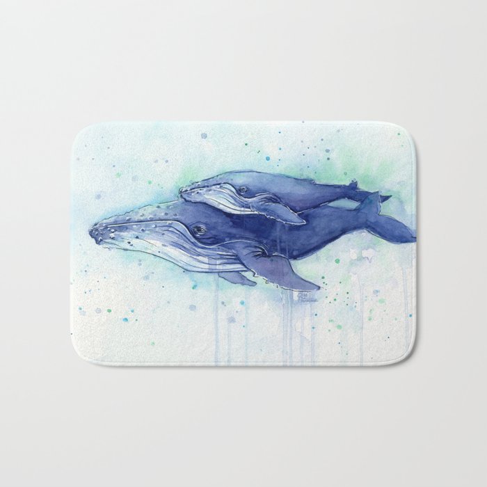 Humpback Whale Watercolor Mom and Baby Painting Whales Sea Creatures Bath Mat