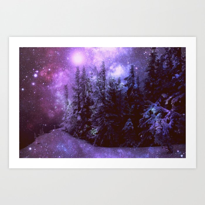 Galaxy Winter Forest Purple Art Print