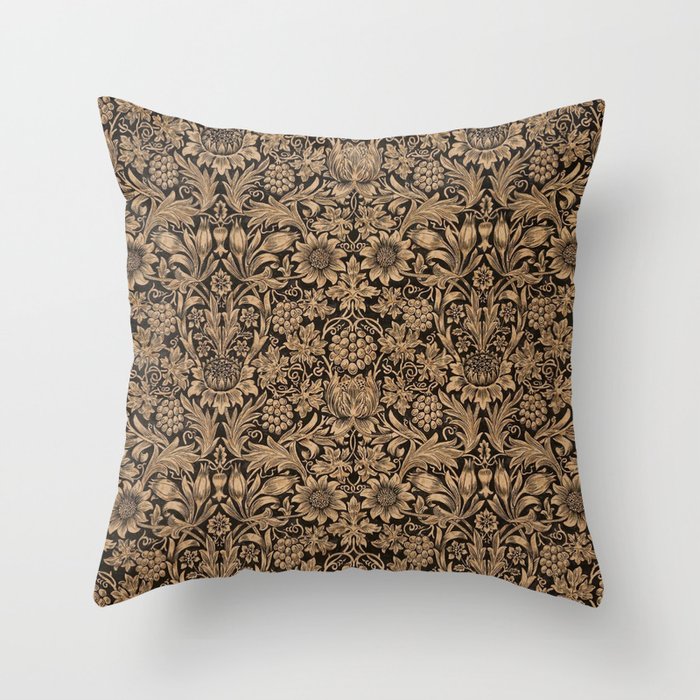 William Morris Pure Sunflower Brown Maple Lichen Vintage Pattern Throw Pillow