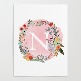 Flower Wreath with Personalized Monogram Initial Letter N on Pink Watercolor Paper Texture Artwork Poster
