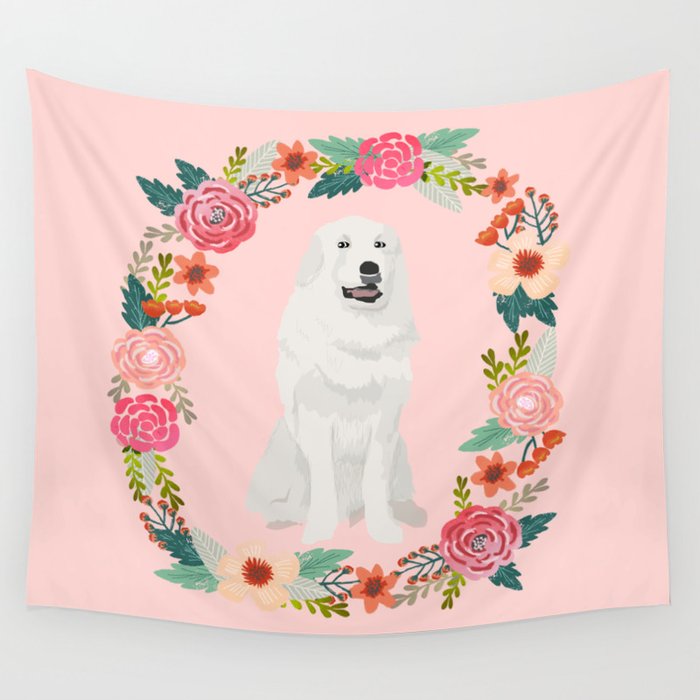 great pyrenees dog floral wreath dog gifts pet portraits Wall Tapestry