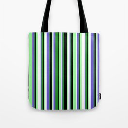 [ Thumbnail: Colorful Forest Green, Slate Blue, White, Green, and Black Colored Stripes Pattern Tote Bag ]