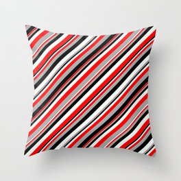 [ Thumbnail: Red, Dark Grey, Black, and Mint Cream Colored Lined Pattern Throw Pillow ]