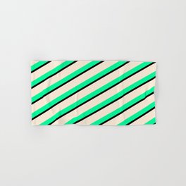 [ Thumbnail: Green, Black, and Beige Colored Stripes Pattern Hand & Bath Towel ]