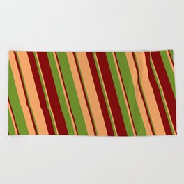 [ Thumbnail: Brown, Green & Maroon Colored Striped/Lined Pattern Beach Towel ]