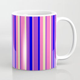 [ Thumbnail: Hot Pink, Pale Goldenrod, Dark Orchid & Blue Colored Stripes Pattern Coffee Mug ]