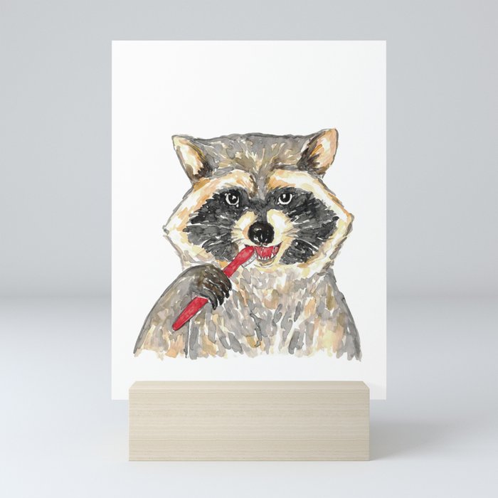 Raccoon brushing teeth bath watercolor Mini Art Print