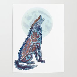 Native American Wolf Howling at the Full Moon  Poster