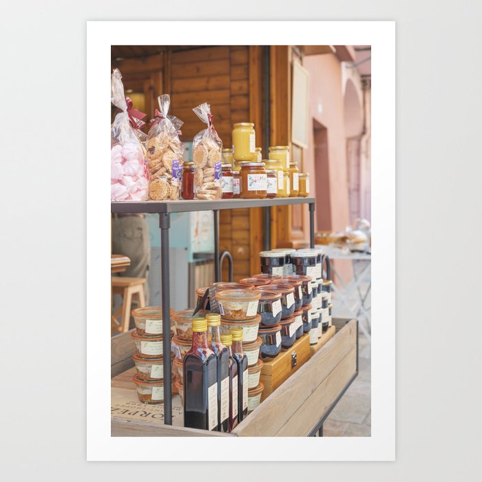 Local produce shop in Bourg St Maurice, France - honey, jam, cookies and syrup - Travel photography Art Print