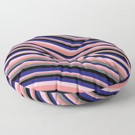 [ Thumbnail: Eye-catching Pink, Light Coral, Dim Grey, Black, and Midnight Blue Colored Stripes Pattern Floor Pillow ]