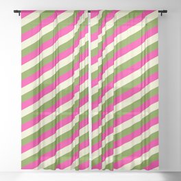 [ Thumbnail: Green, Deep Pink & Light Yellow Colored Lined/Striped Pattern Sheer Curtain ]
