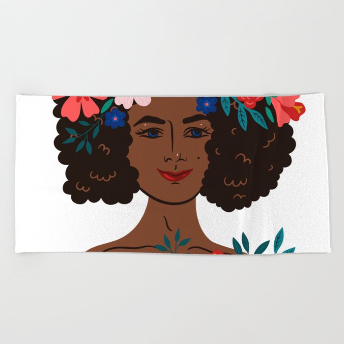 Portrait of a flowery woman Beach Towel