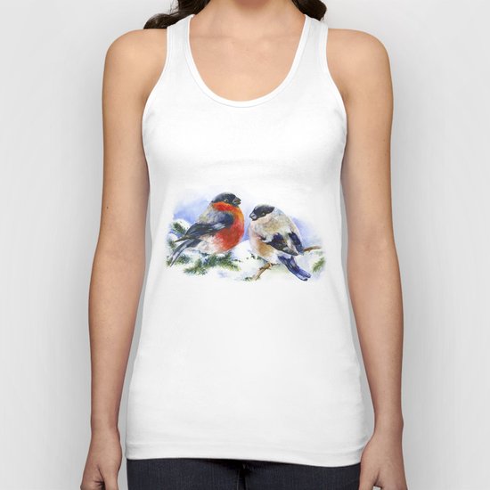 Bullfinches in winter time. Christmas Watercolor Art Unisex Tank Top