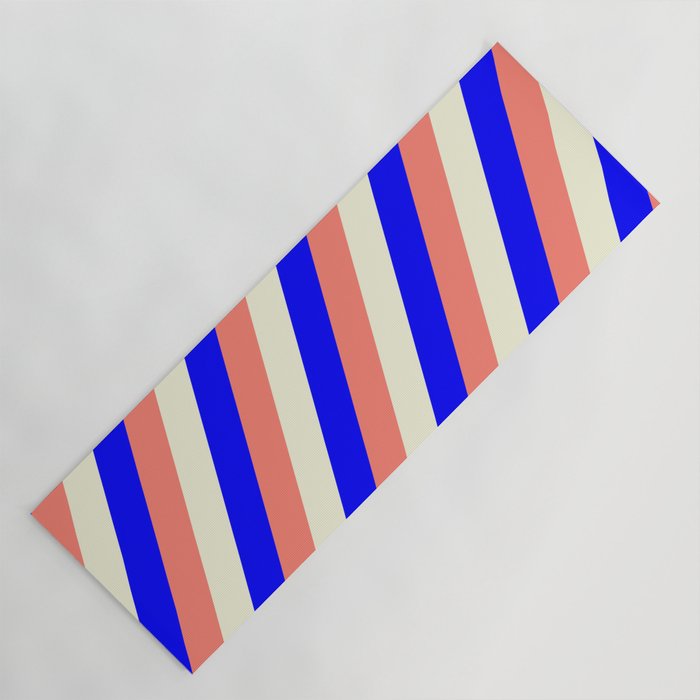 Blue, Salmon & Beige Colored Stripes/Lines Pattern Yoga Mat
