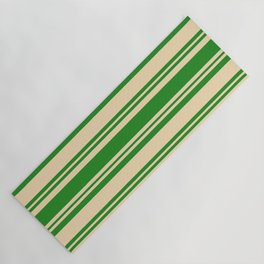 [ Thumbnail: Forest Green and Tan Colored Lined Pattern Yoga Mat ]