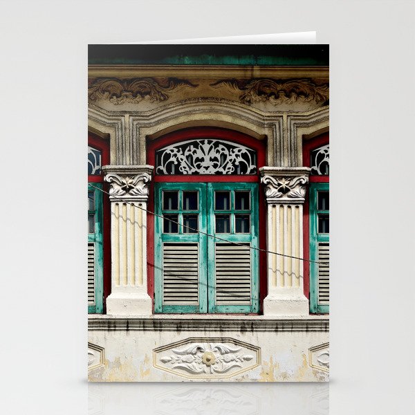 Traditional Singapore Peranakan or Straits Chinese shop house with arched windows and antique green shutters in downtown Singapore Stationery Cards
