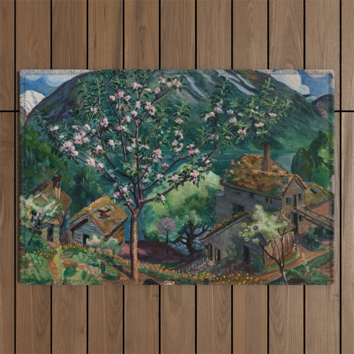 Apple Tree and Daffodils in Bloom alpine landscape painting by Nikolai Astrup Outdoor Rug